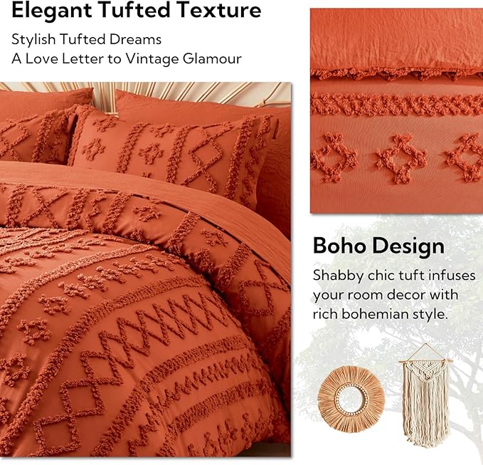 MR&HM Queen Comforter Set Terracotta, 7 Pieces Tufted Boho Beddding Sets, Farmhouse Style Bed in a Bag with 1 Comforter, 2 Pillow Shams, 2 Pillowcases, 1 Flat Sheet, 1 Fitted Sheet for All Seasons