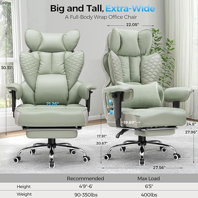 COMHOMA Big and Tall Office Chair 400LBS Wide Ergonomic Gaming Chair with Deluxe Embossing Designed Leather with Foot Rest,150°Reclining Adjustable Armrests Pocket Spring Back Support and Pillow