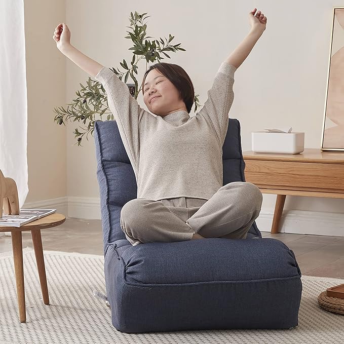 Floor Chair Single Lazy Sofa Leisure Balcony Reclining Japanese Tatami Adjustable Recliner with Ottoman for Living Room, Bedroom, Indoor Use(No Footstool, Navy)