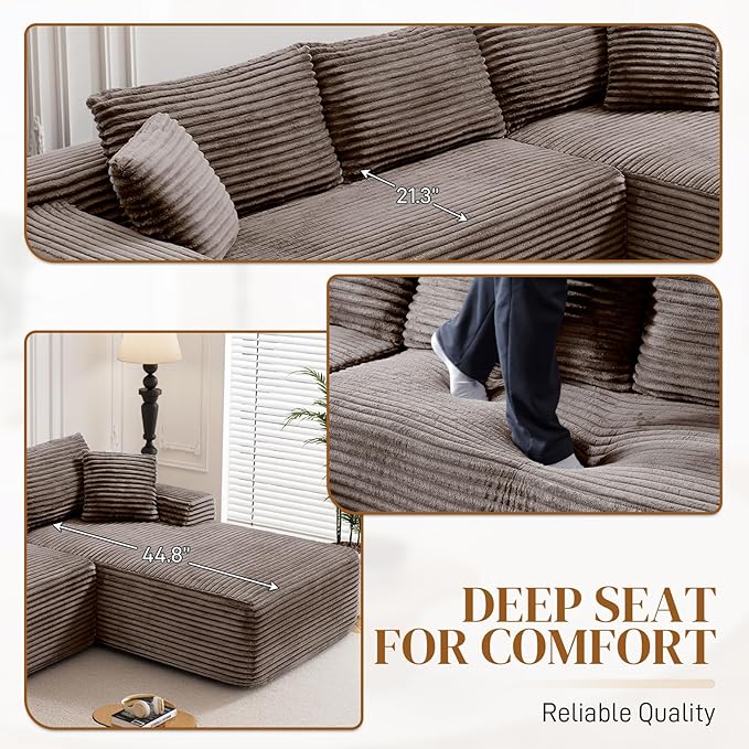 95" Boneless Cloud Sectional Couches for Living Room, Comfy Fluffy L Shaped Memory Foam Deep Seat Boneless Couch, Modular Sectional Sofa with Left Facing Chaise, Brown