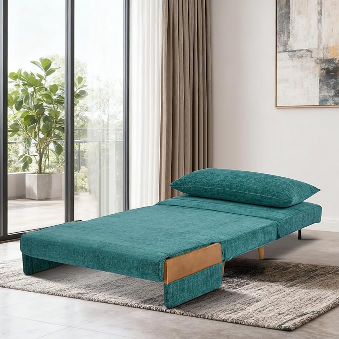 CITTANEO 42" Convertible Sleeper Chair, 3-in-1 Chair Bed Sleeper for Adults with Adjustable Backrest, Pillow & Wooden Arms, Loveseat Sofa Bed for Apartment, Office, Peacock Blue