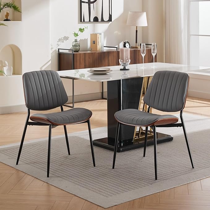YaFiti Dining Chairs Set of 6, Mid Century Modern Accent Dining Room and Kitchen Chairs, Upholstered PU Leather Vertical Stripe Chairs for Vanity with Walnut Bentwood and Metal Legs, Gray