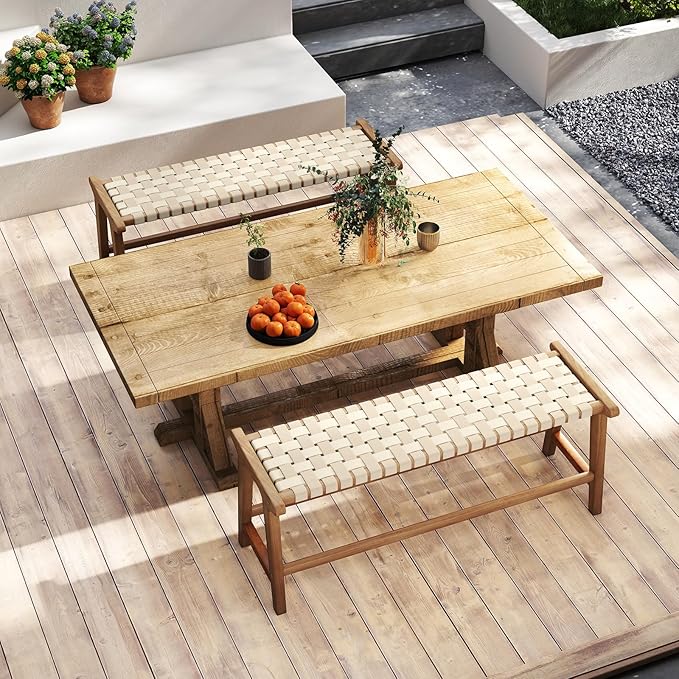 Tangkula Teak Wood Outdoor Bench, Patio Backless Wooden Dining Bench with Weave Seat, Solid Wood Legs, Indoor & Outdoor Wooden Bench for Porch, Backyard, Deck, Entryway (Natural,2)