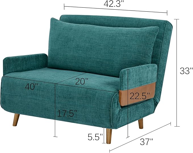 CITTANEO 42" Convertible Sleeper Chair, 3-in-1 Chair Bed Sleeper for Adults with Adjustable Backrest, Pillow & Wooden Arms, Loveseat Sofa Bed for Apartment, Office, Peacock Blue