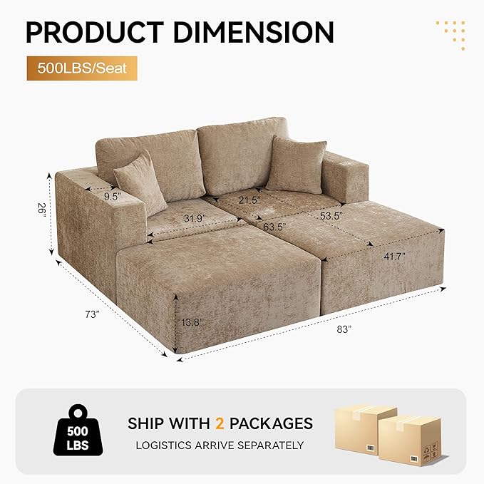 83'' Boneless Loveseat Sofa, Comfy Deep Seat Cloud Couch with 2 Moveable Ottoman, No Assembly Chenille Love Seat for Living Room, Camel
