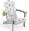 KINGYES Folding Adirondack Chair, HDPE All-Weather Patio Chairs with Cup Holder, Wooden Textured Fire Pit Chairs for Poolside, Backyard, Deck, Silver Grey