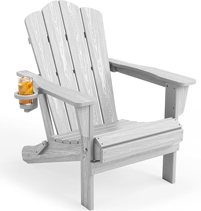KINGYES Folding Adirondack Chair, HDPE All-Weather Patio Chairs with Cup Holder, Wooden Textured Fire Pit Chairs for Poolside, Backyard, Deck, Silver Grey