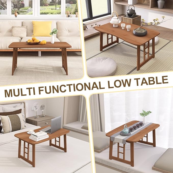 JNNXZZ Japanese Folding Coffee Table,Bamboo Foldable Low Table for Sitting On Floor,Collapsible Floor Tea Tables,Portable Meditation Table for Tatami Living Room Bay Window Office Apartment (Brown)