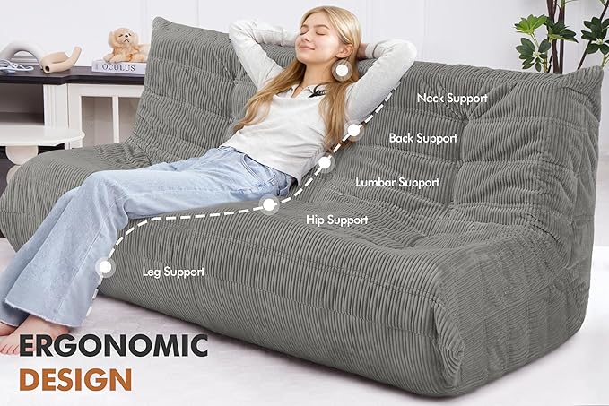 Bean Bag Chair,Giant Beanbag Chairs for Adults,Comfy Large Fireside Chair Lazy Sofa,Corduroy Bean Bag Lounger with Memory Foam Filled,Floor Sofa Couch for Living Room (Light Grey, 3-Seater)