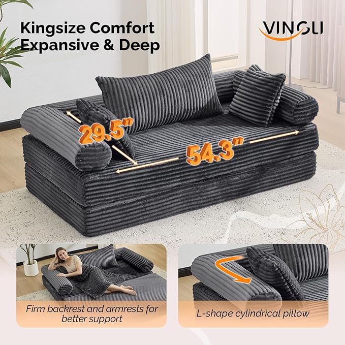 VINGLI Convertible Futon Sofa Bed, Upholstered Corduroy Boneless Couch King Size Floor Loveseat Sleeper Sofa with 2-in-1 Throw Pillow, Couches for Living Room, Bedroom, Lounge, Dark Gray