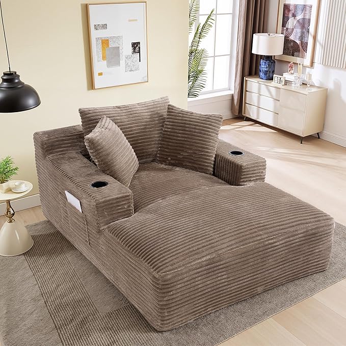 50"W x 68"D Oversized Chaise Lounge Chair Indoor Boneless Reading Chair Plush Corduroy Recliner with Cup Holders Large Deep Seat Comfy Sofa Bed Couch with 3 Pillows for Living Room Bedroom, Camel