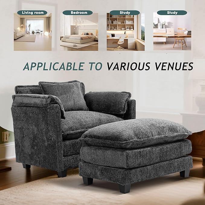 KEIKI Boucle Oversized Reading Chair with Storage & Ottoman, 40" W Modern Accent Chair W/Double Deep Cushion Seating, Comfy Upholstered Single Sofa Lounge Armchair for Living Room, Bedroom, Drak Grey