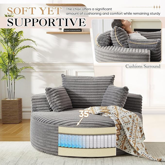 JEEOHEY Modern Round Accent Sofa Chair for Living Room, Upholstered Corduroy Barrel Lounge Arm Chair with Large seat&Throw Pillows for Bedroom, Office, Apartment, Grey