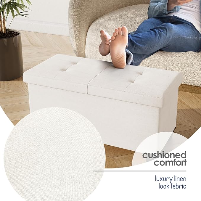 Storage Ottoman Bench with Bins, 30-in Storage Bench for Bedroom End of Bed, Folding Foot Rest Ottoman for Living Room Max 660lbs, Fabric Ottomans, Cream