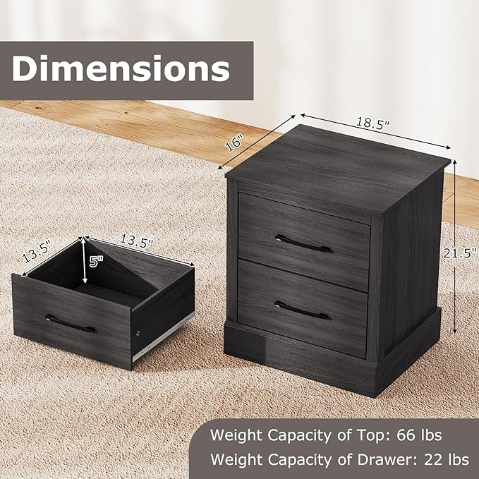 SIMOE Grey Oak Farmhouse Nightstand Set of 2, Wooden Bedside Table with 2 Storage Drawers, Compact Floor-Standing Night Stand, Accent Sofa Side Table for Bedrooms