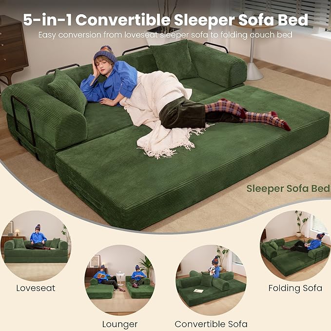 79" Convertible Sofa Bed, Boneless Corduroy Sleeper Foldable Modular Couch, Memory Foam Compressed Sofa in A Box, Folding Mattress Floor Couch for Small Space Living Room Apartment Bedroom, Green