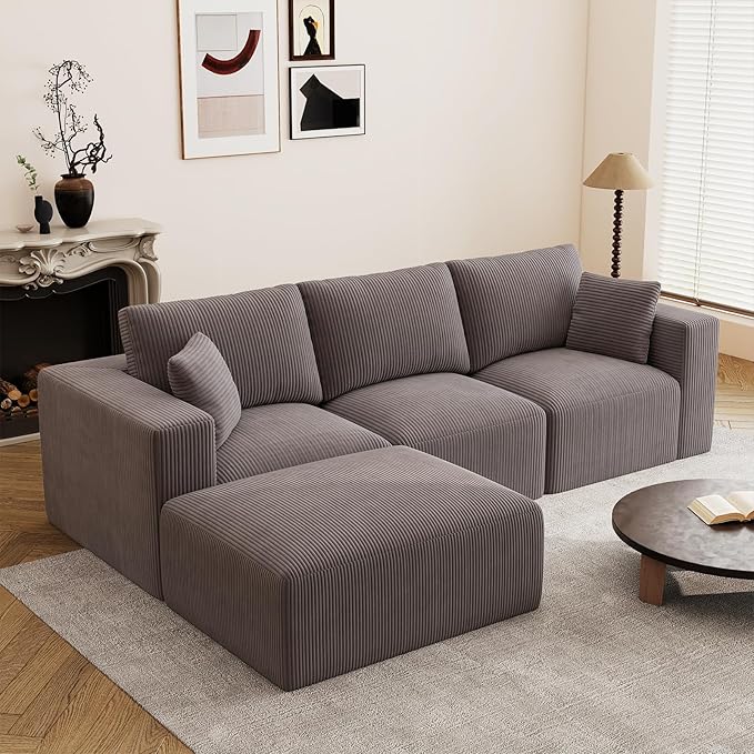110" Modular Sectional Sofa, L-Shaped Boneless Couch, Memory Foam Cloud 3-Seater Sofa with Ottoman, No Assembly Required Corduroy Frameless Furniture for Living Room Home Decor, Grey