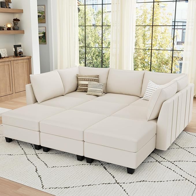 Belffin Modular Sectional Sofa Bed with Storage, 9-Seater Velvet Reversible Sleeper Couch for Living Room, Beige