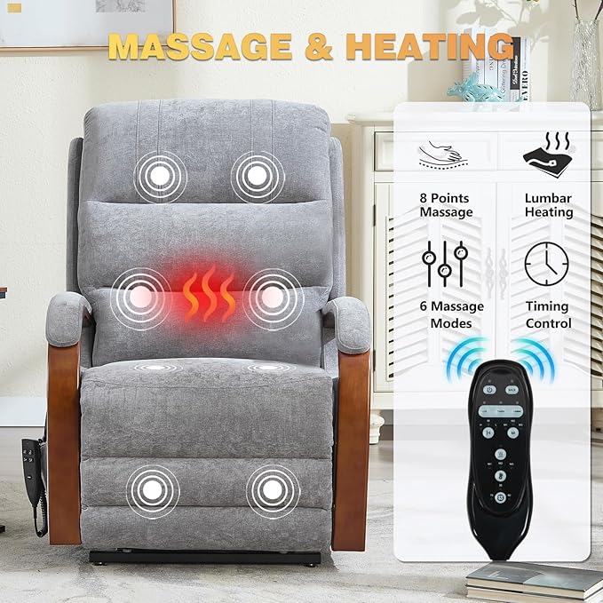Dual Motor Power Lift Recliner Chair, Lift Chair with Massage and Heat for Elderly, Lay Flat Recliner, Standing Assistance, Infinite Position Reclining, Living Room Chair, Chenille, Grey