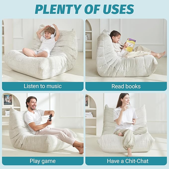 Homguava Bean Bag Chair, Giant Beanbag Chairs for Adults, Memory Foam Fireside Chair, Large Lazy Floor Sofa, Sofa Couch with High-Rebound Foam, Lounge Chair for Living Room, Bedroom (Beige, Single)