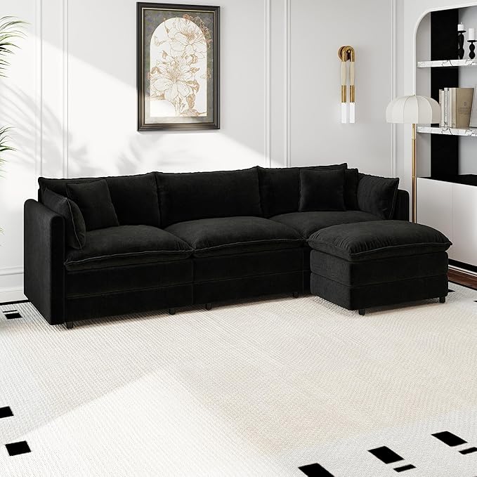 Aoowow Modular Sectional Sofa Modern Convertible L Shaped Couch,112.2 Inch Deep 3-Seater Sofas Set Comfy Chenille Cloud Sofas and Couches with Movable Ottoman for Living Room Apartment（Black）
