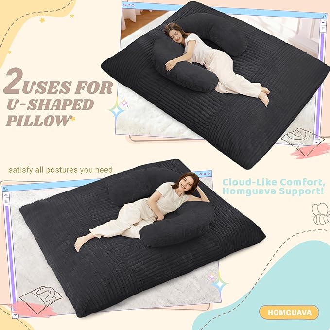 Homguava Giant Bean Bag Chair for Adults with Pillow, 4 in 1 Convertible Floor Cushion for Adluts, Memory Foamed Bean Bag Lounger with Washable Cover for Living Room, Bedroom