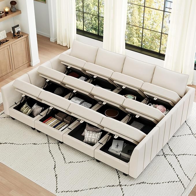 Belffin Oversized Modular Sectional Couch Sleeper Sofa with Storage Velvet Sectional Sofa Bed for Living Room, 12 Seats, Beige