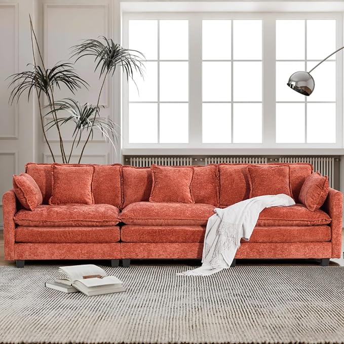 SoarFlash 113.78" Chenille Sectional Sofa, Comfy Modular Loveseat Sofa, Modern 3-Seat Couch Deep Seat Sofa Set for Living Room,Orange