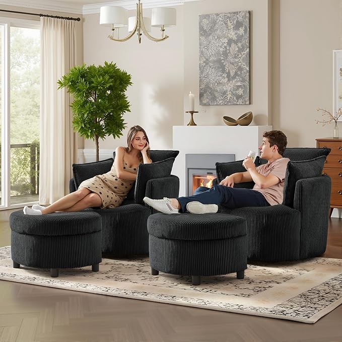 Chorlenimi Swivel Accent Chair Round Barrel Armchair Upholstered Living Room Chair Corduroy Reading Chair Single Sofa Chair for Bedroom Apartment Office (Black, Standard 1Seater+ Ottoman)