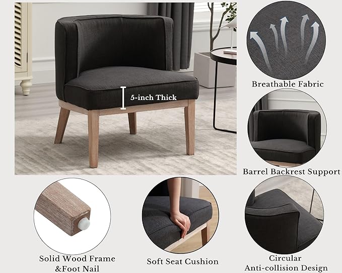Comfy Barrel Chairs Set of 2 Mid-Century Modern Accent Chairs with Wooden Leg Upholstered Reading Chair Linen Fabric Waiting Room Round Side Chairs for Living Room Bedroom Office, Charcoal
