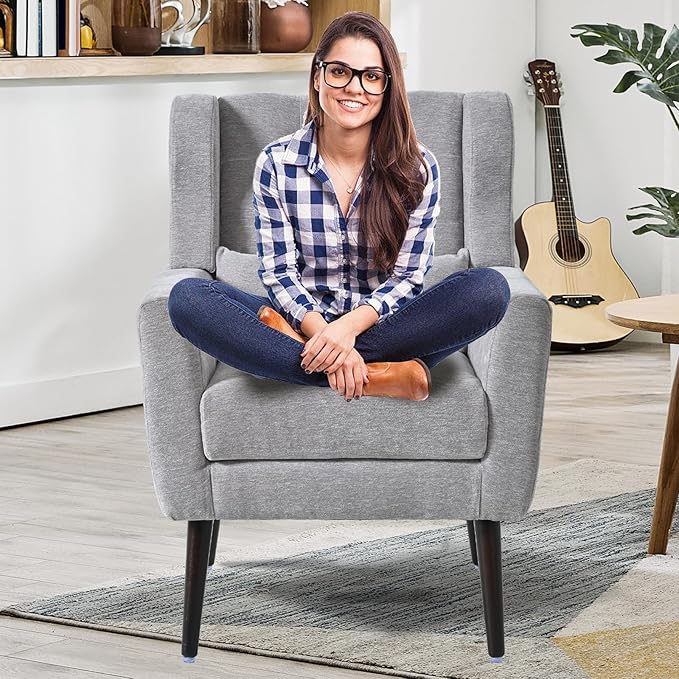 QKFF Accent Chair Set of 2, Upholstered Armchair with Pillow, Fabric Single Sofa Chair with Lounge Seat and Wood Legs Accent Chair for Living Room Small Spaces (Grey, Set of 2)