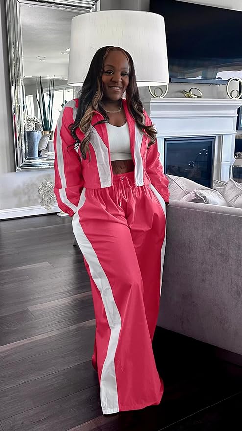 Women Striped 2 Piece Outfits Fall Workout Sets Windbreaker Tracksuit Crop Jacket Wide Leg Pants with Pockets
