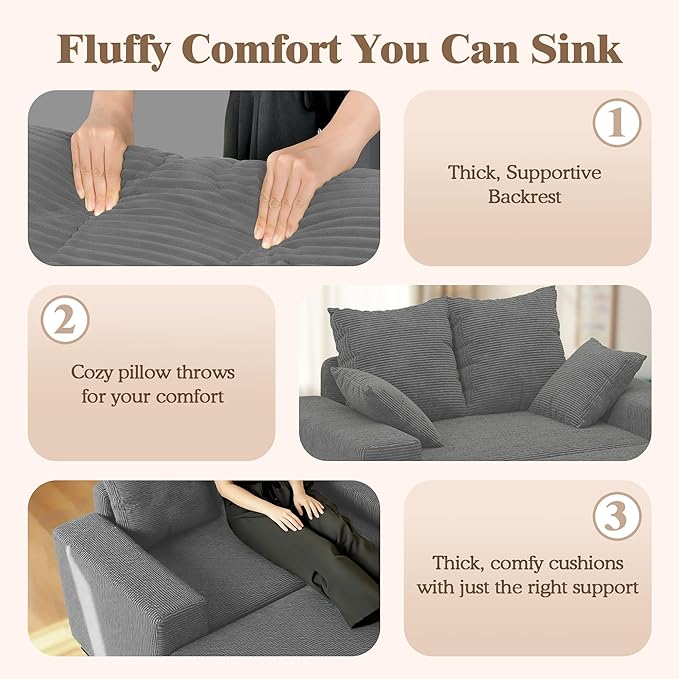 Indoor Chaise Lounge Chair with Storage Ottoman, Modern 60-Inch Lounge Sofa Chair with Wide Armrests & 4 Pillows, Oversized Comfy Reading Lounger for Living Room, Bedroom（Medium-Rib Corduroy Grey）