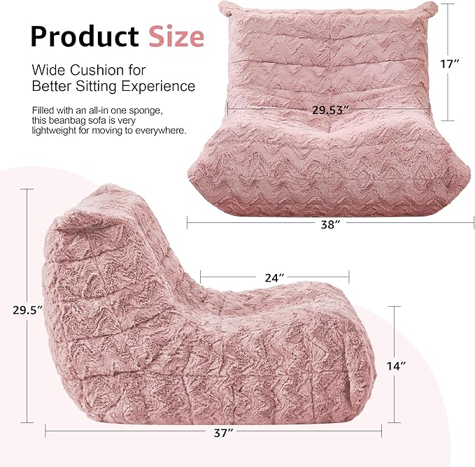 Bean Bag Chairs for Adults Giant Bean Bag Chair Memory Foam BeanBag Chair Bean Bag Sofa with Filler Faux Fur Fireside Beanbags Lazy Sofa for Living Room Bedroom Office (Pink Chevron, Single)