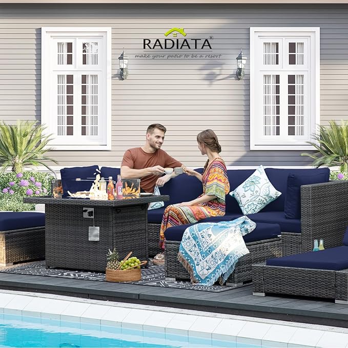 RADIATA 9 Piece Wicker Patio Furniture Set with Fire Pit, All-Weather Outdoor Sectional Couch High Back Large Size, Modular Backyard Seating Sofa Set with Propane/Natural Gas Firepit Table, Grey&Blue