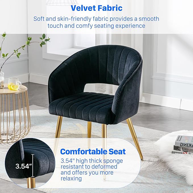 KCC Modern Accent Dining Chairs Set of 2, Velvet Upholstered Dining Room Chairs with Tufted Hollow Back, Gold Metal Legs for Living Room, Restaurant, Kitchen, Black