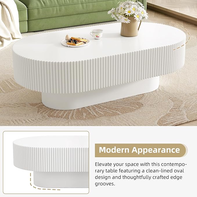 KEVINSPACE Oval Coffee Table for Living Room Modern Wood Center Tables Cocktail Fluted 43.3" W Reception Room Easy Assemble, White
