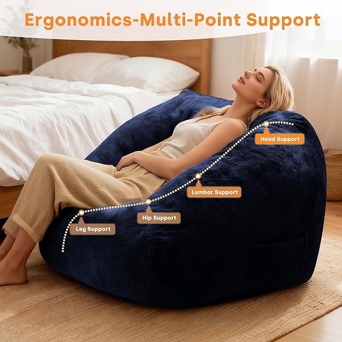 COSIEST Bean Bag Chair, Big Comfy Couch with Armrests, Furry Beanbag Chair with Foam Filler for Adults & Kids, Stuffed Accent Sofa for Reading, Lounge Floor Sofa for Living Room, Bedroom, Blue