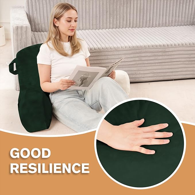 Unisakey Portable Comfy Reading Pillows for Bed Sitting Up(Dark Green Oeko-Tex), Velvet Back Pillow with Arms & Pockets for Adults, Support Memory Foam Bed Pillow for Dorm/Reading/Watching/Gaming