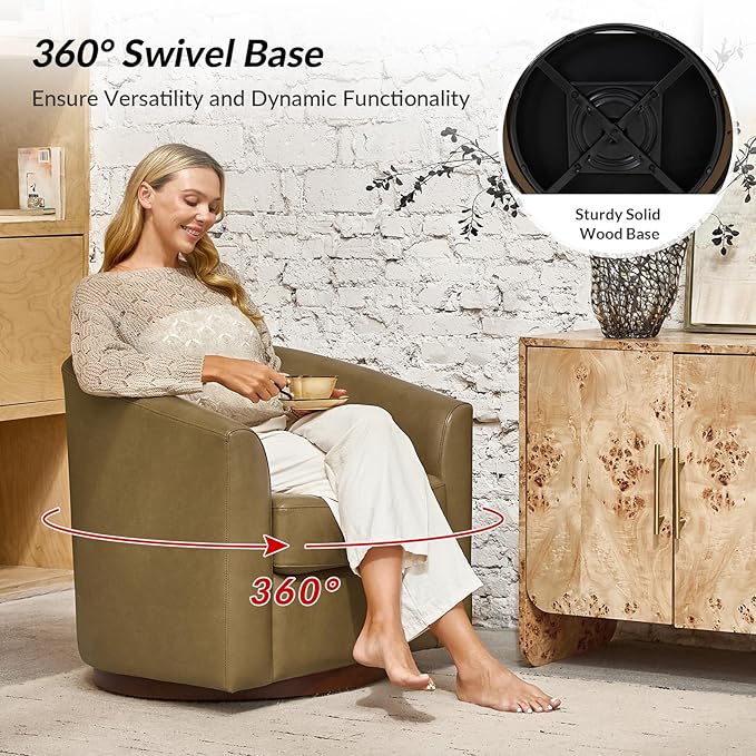 HULALA HOME Genuine Leather Swivel Accent Chair with Solid Wood Base, Round Swivel Barrel Chair for Living Room and Bedroom, Taupe