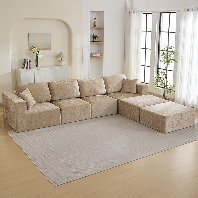 146'' Oversized Boneless Sofa, 4 Seater Modular Sectional Couch with 2 Movealbe Ottoman, U Shaped Chenille Convertible Sleeper Sofa with Chaise for Living Room, Camel