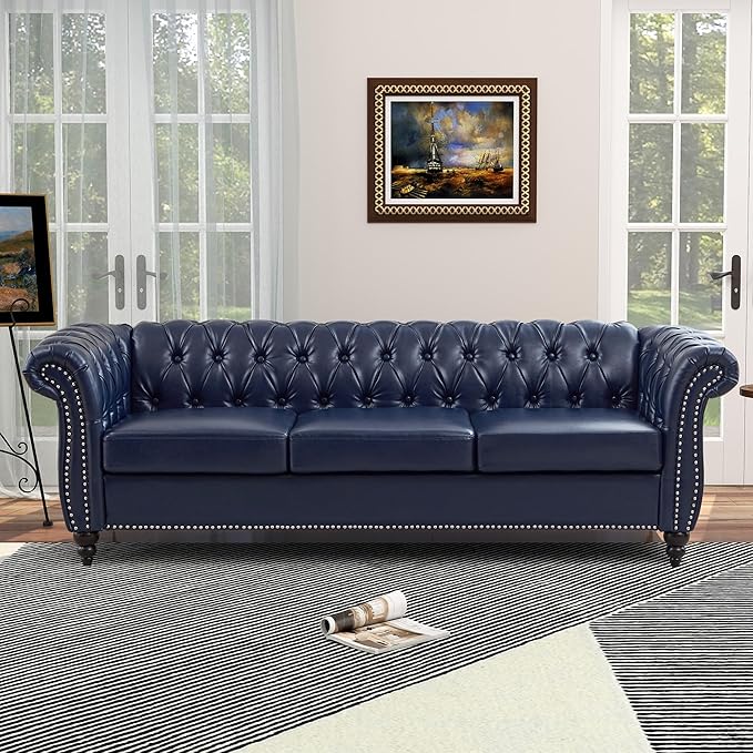 QHITTY Accent Large Sofa, Chesterfield Couch 3 Seater Modern Leather Couch Upholstered Sofa with Tufted Back for Living Room Furniture (Blue)