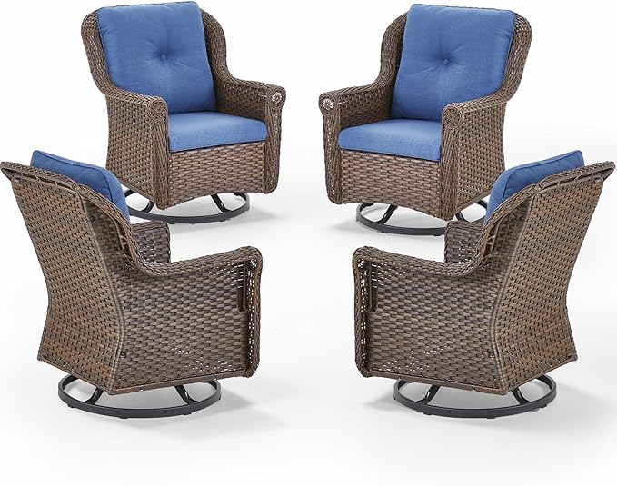 ACTREST Patio Chairs Outdoor Swivel Glider - Set of 4 High Back Outside Brown Wicker Rattan Rocking Chair with Thick Cushion for Porch Apartment Deck Yard Poolside Garden - Navy Blue