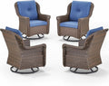 ACTREST Patio Chairs Outdoor Swivel Glider - Set of 4 High Back Outside Brown Wicker Rattan Rocking Chair with Thick Cushion for Porch Apartment Deck Yard Poolside Garden - Navy Blue