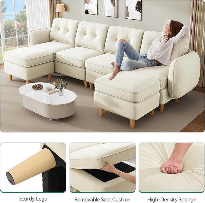 YITAHOME 108" Convertible U-Shaped Couch, 6-Seat Modular Sectional Sofa with Curved Armrests and 4 Pillows, High-Density Memory Foam for Living Room