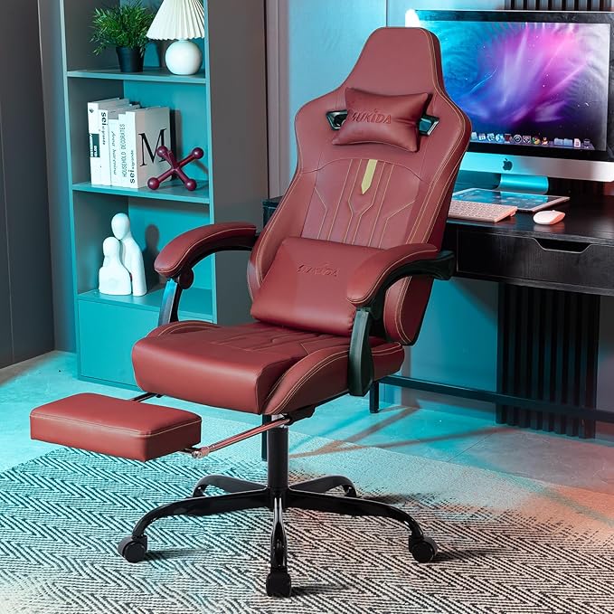Gaming Chair with Footrest Ergonomic Computer Chair Massage Lumbar Cushion, Racing Video Game Chair Adjustable Rocker Recliner Executive Office Desk Chair Pu Leather for Adults