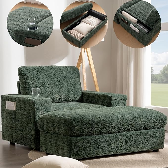Merax Oversized Sleeper Chair with Storage Armrest & Ottoman, Cup Holders, Cloud Upholstered Chaise Lounge Recliner, Deep Seat Reading Couch Sofa Bed for Living Room Bedroom, Antique Green