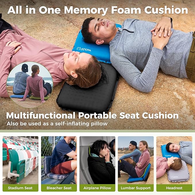 ATEPA Inflatable Seat Cushion, Self-Inflating Portable Stadium Airplane Travel Foam Cushion Pad for Camping, Sports Events, Outdoor