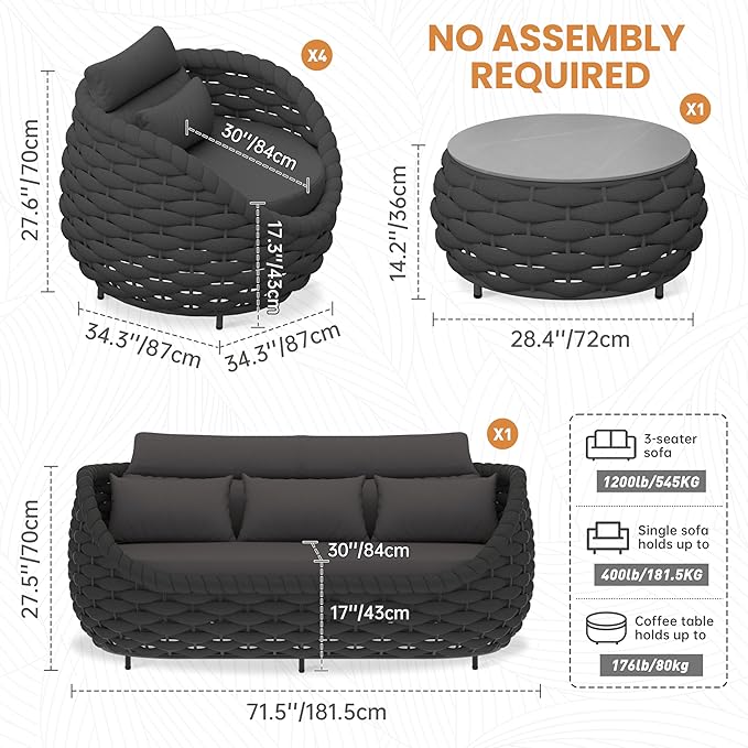 Erotr Aluminum Rope Patio Furniture Set: 6 Pieces Assembled Outdoor Conversation Sofa Set for 7 - Modern Metal Couch Set Cushioned - All Weather Porch Seating for Deck Garden Lanai Hotel, Dark Gray