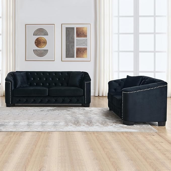 mikibama Luxury 2 Piece Chesterfield Velvet Sofa Set for Living Room, Modern Decor Furniture Sectional Sofa, 3 Seater & Loveseat Upholstered Tufted Couch for Apartment, Office, Hall(Black)